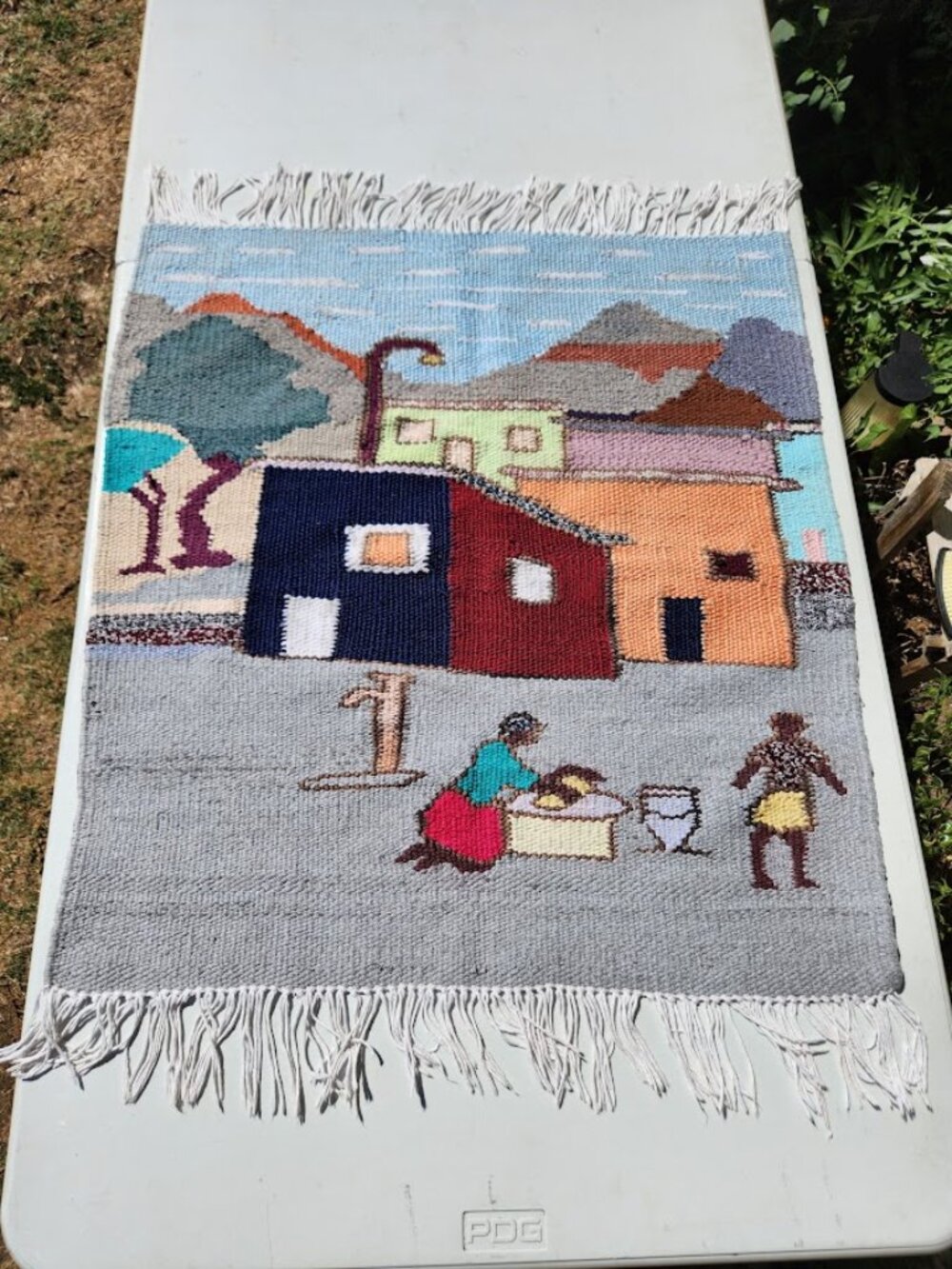 Vintage Hand-Woven Wool Folk Art Tapestry 36" x 26.5" Lesotho Mid-to-Late 20th